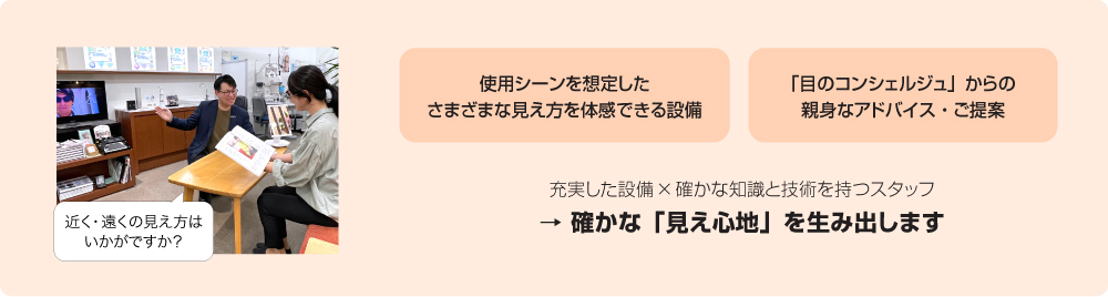 熊本・宇土のキクチめがね宇土シティモール店では充実した設備と確かな知識と技術を持つスタッフが、確かな「見え心地」を生み出します